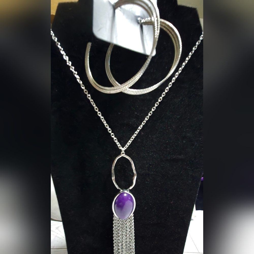 Silver and Purple Necklace and Bracelet Set